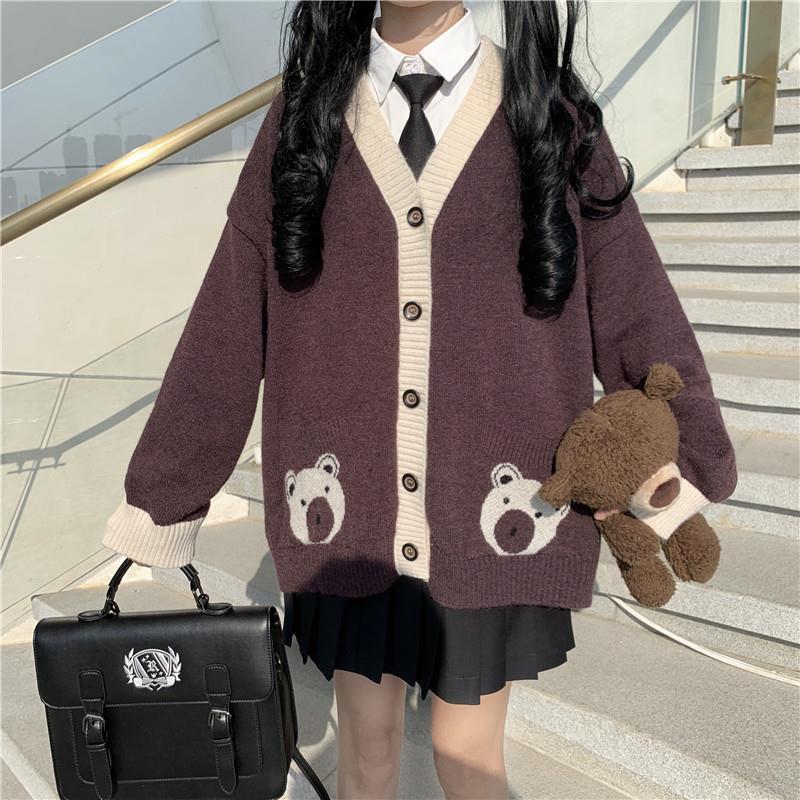 MS985 Áo khoác cardigan len nữ 2 túi gấu dễ thương học sinh