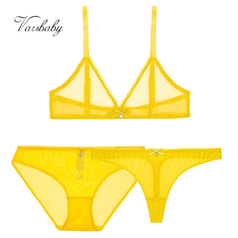Varsbaby Vàng Nhạt Phối Lưới Mềm Mại Gợi Cảm 3 V Sâu Áo Ngực + Quần Lót + Quần Đùi Ren Dây Miễn Phí Trong Suốt quần Lót