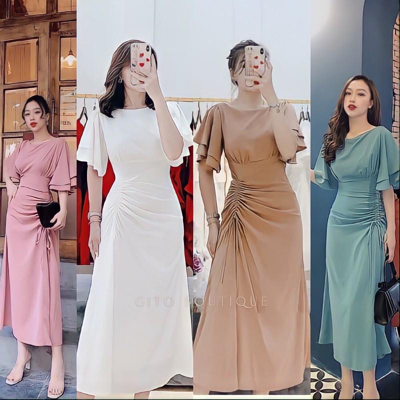 ĐẦM NỮ - VÁY MIDI TRẮNG RÚT DÂY HÔNG -HỒNG XANH NUDE ĐỎ TRẮNG - GD051