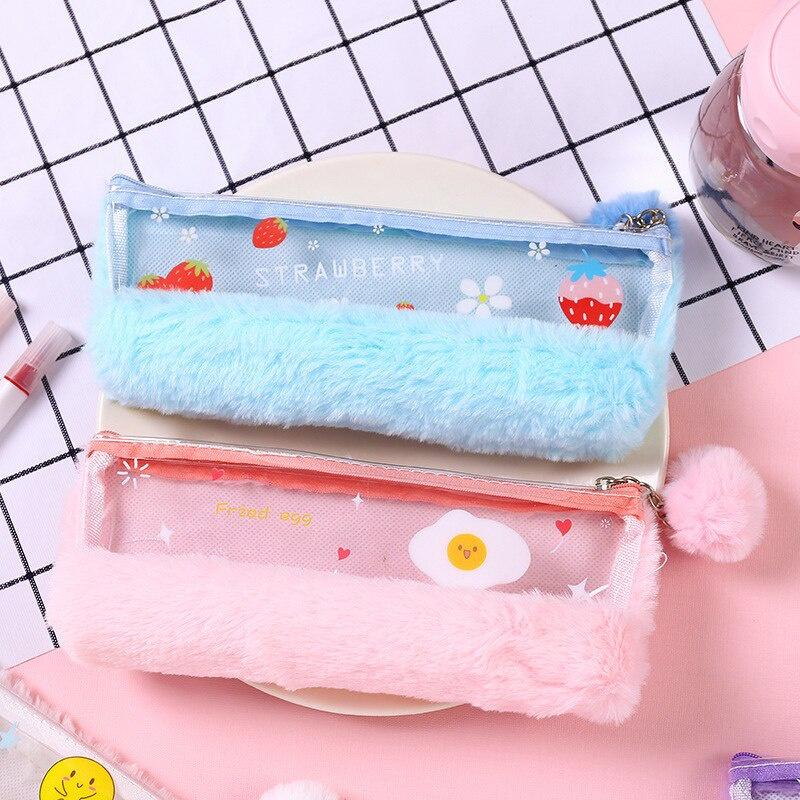 Pencil Box Stationery Bag Junior High School Student Simple Large Capacity Tide Pencil Box Cute Plush Pencil Bag Student