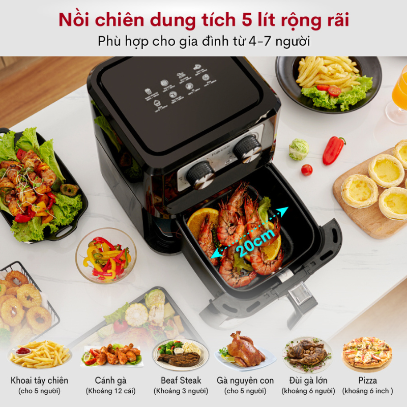 Nồi chiên không dầu FUJIHOME A5 dung tích 5 lít, Công suất 1600W, Đa dạng chức năng nướng, Điều khiển cơ dễ dàng sử dụng bền đẹp, Hàng chính hãng BH 24 tháng