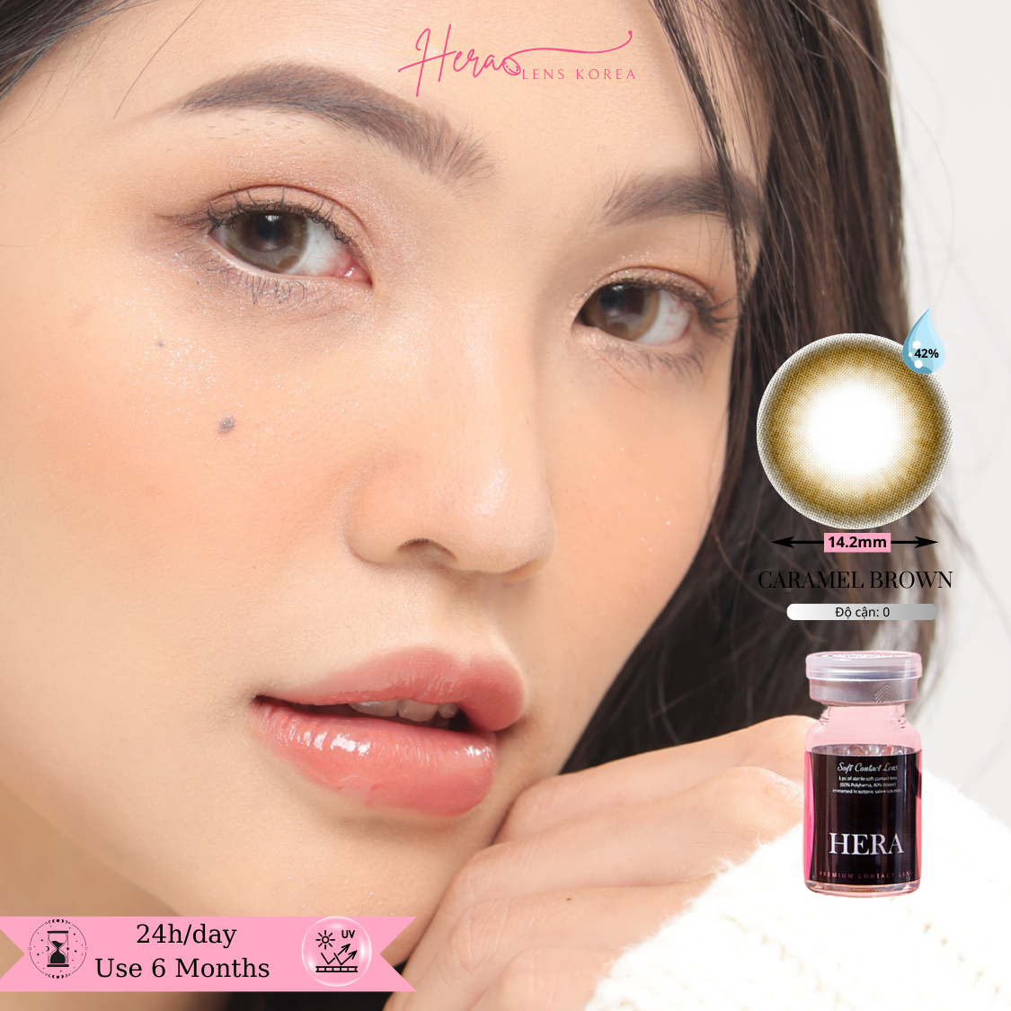 Kính Áp Tròng Hera Nâu Caramel Tự Nhiên Không Độ CARAMEL BROWN Nhập Khẩu Hàn Quốc Lens Không Cận 6 Tháng