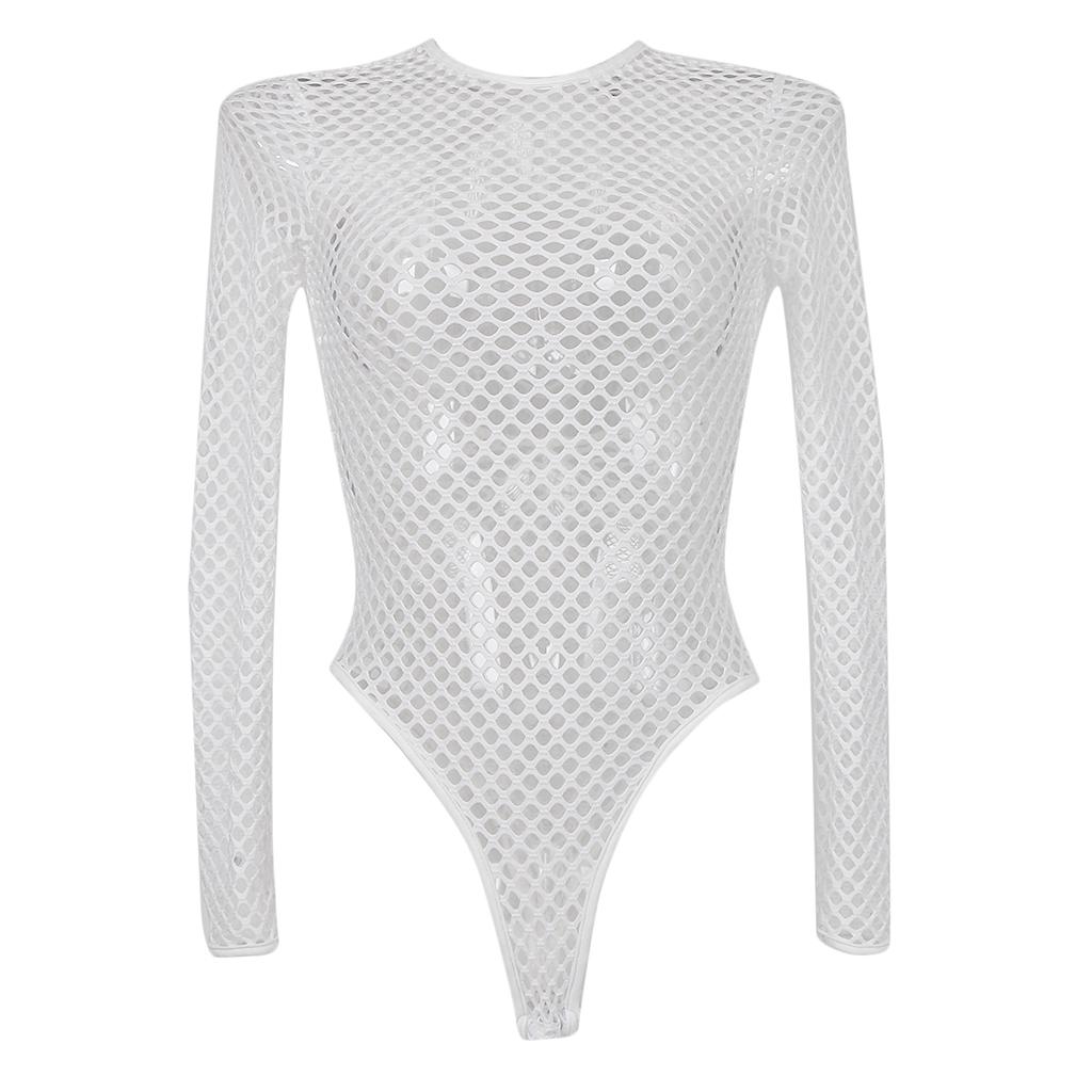 Women's Tight Mesh Long Sleeve Backless Bodysuit Jumpsuit Shapewear One Piece Swimsuit