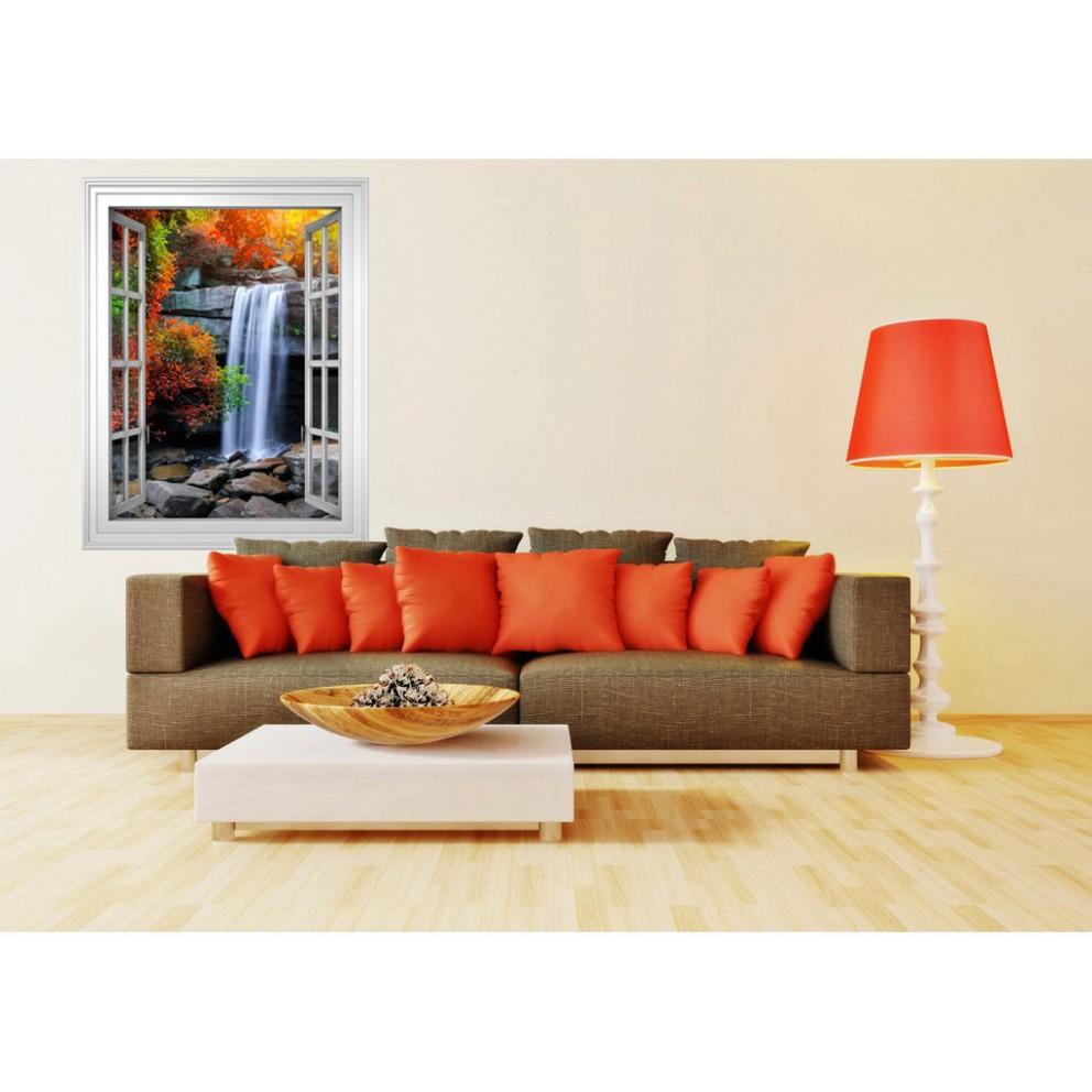Tranh dán tường cửa sổ 3D cảnh thác nước khổ dọc 0266
