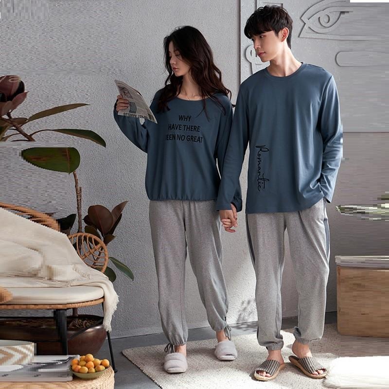 Bộ dài nữ mặc nhà thun cotton màu xanh ghi bo gấu vai buông