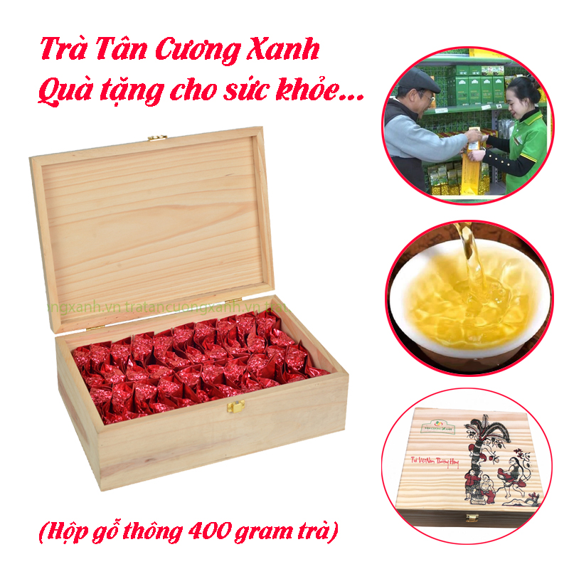 Hộp Trà Xanh Gỗ Thông Tân Cương Xanh - Trà Tân Cương thượng hạng Hộp gỗ thông món quà sức khỏe ý nghĩa