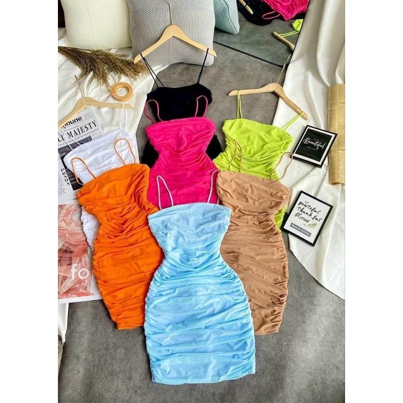 Đầm hai dây body may nhún sợi bún dễ phối đồ