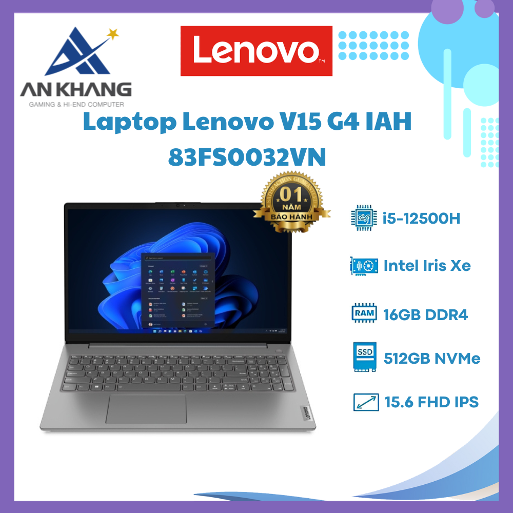 Laptop Lenovo V15 G4 IAH 83FS0032VN (Intel Core i5-12500H | 16GB | 512GB | Intel Iris Xe | 15.6 inch FHD | Win 11 | Xám) - Hàng Chính Hãng - Bảo Hành 12 Tháng