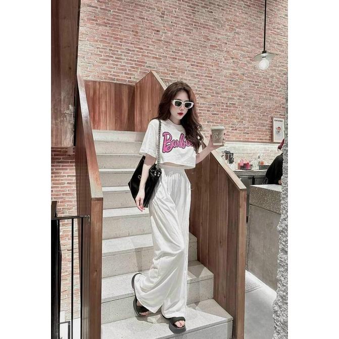 SET BỘ ÁO CROPTOP CỔ TRÒN TAY NGẮN MIX QUẦN SUÔNG ỐNG RỘNG DÀI CỰC CÁ TÍNH VÀ NĂNG ĐỘNG