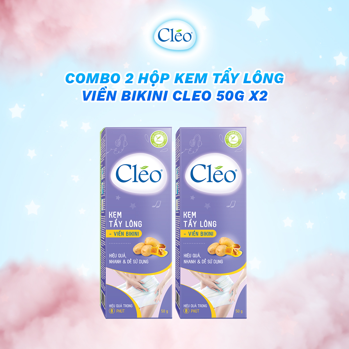 Combo 2 hộp kem tẩy lông Bikini Cléo 50gx2, an toàn hiệu quả trong 8 phút không đau rát