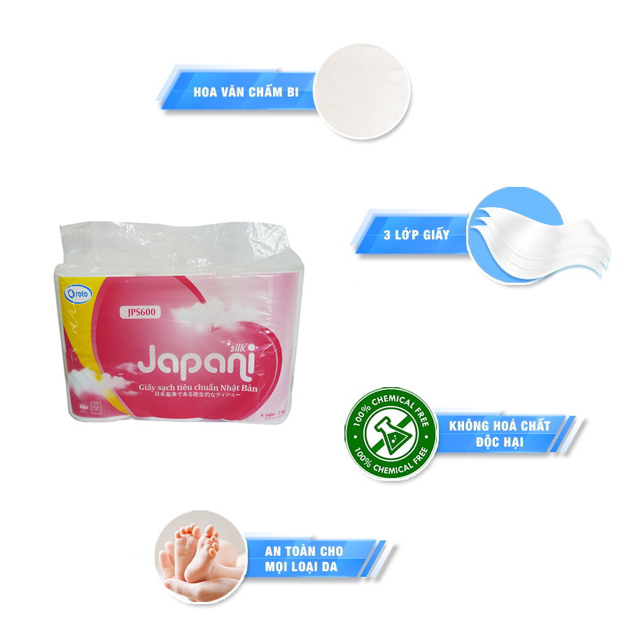 Giấy vệ sinh không lõi 3 lớp cao cấp Japani Silk 600 JPS600 | Giấy vệ sinh trắng mịn dai tiết kiệm | Thế Giới Giấy