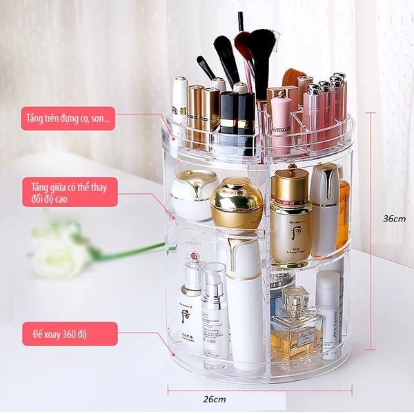 KỆ XOAY 360 ĐỘ - Kệ đựng mỹ phẩm, đồ dùng make cho nữ sắp xếp bàn trang điểm gọn gàng trong suốt siêu bền đẹp chất liệu nhựa mike cao cấp