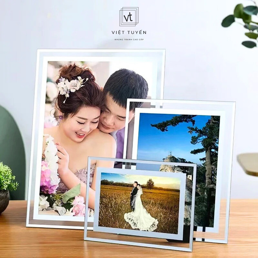 Khung ảnh, khung hình Mặt Kính Pha Lê viền bạc 13x18cm - 15x21cm - 21x30cm, Decor bàn học, nơi làm việc, lưu kỉ niệm Việt Tuyến