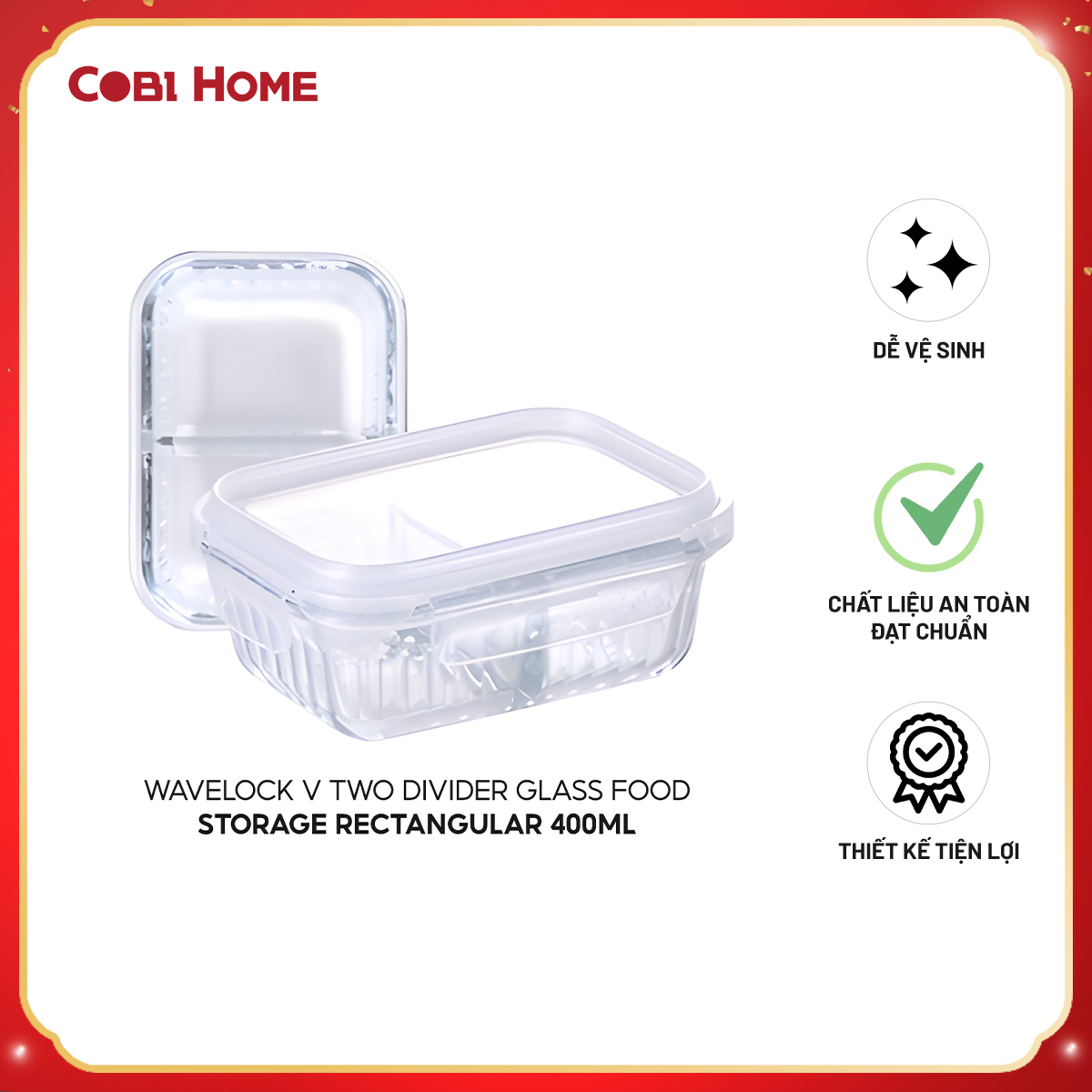 Hộp đựng thực phẩm thủy tinh chia 2,3 ngăn Wavelock V  , Nhiều Size , Sản Phẩm Nhập Khẩu Và Phân Phối Chính Hãng Cobi Home