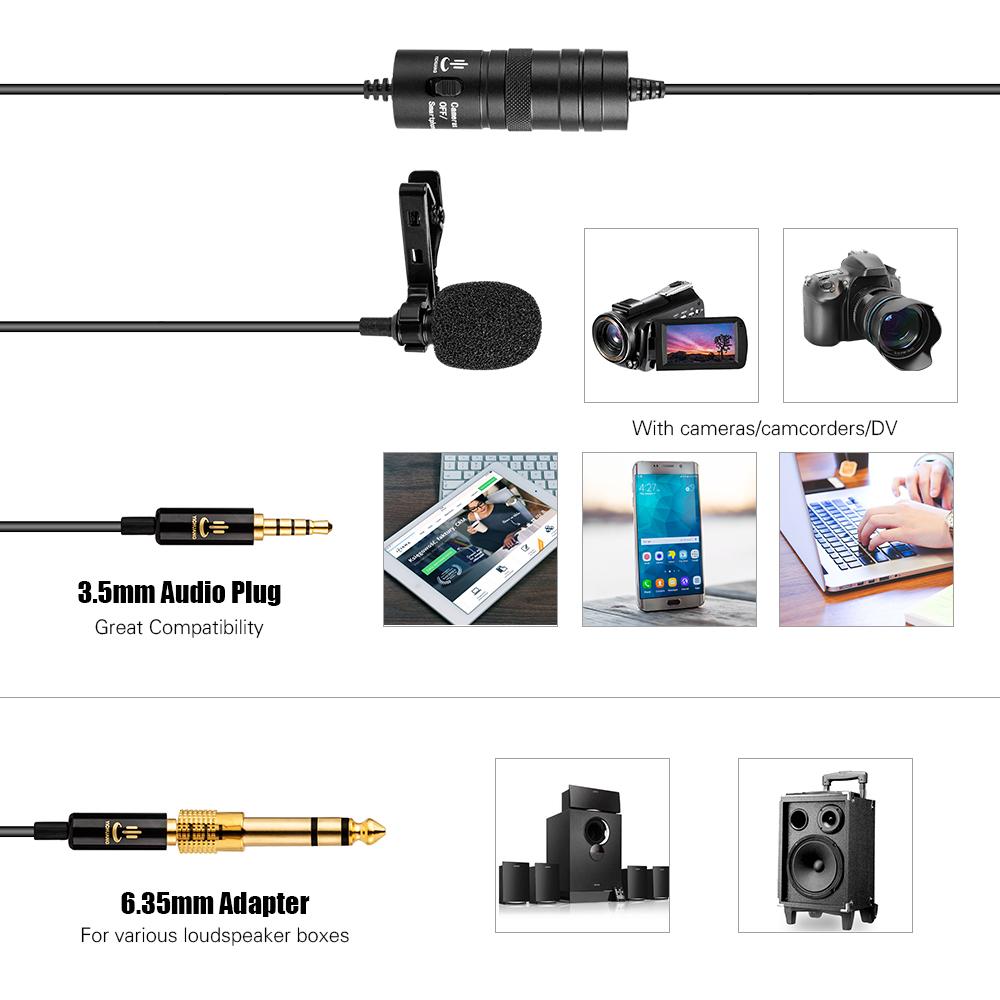 Micrô Lavalier chuyên nghiệp Cáp 3,5 mm 6 mét với bộ chuyển đổi 6,35 mm có Kính chắn gió cho iPhone 6 / 6P Samsung