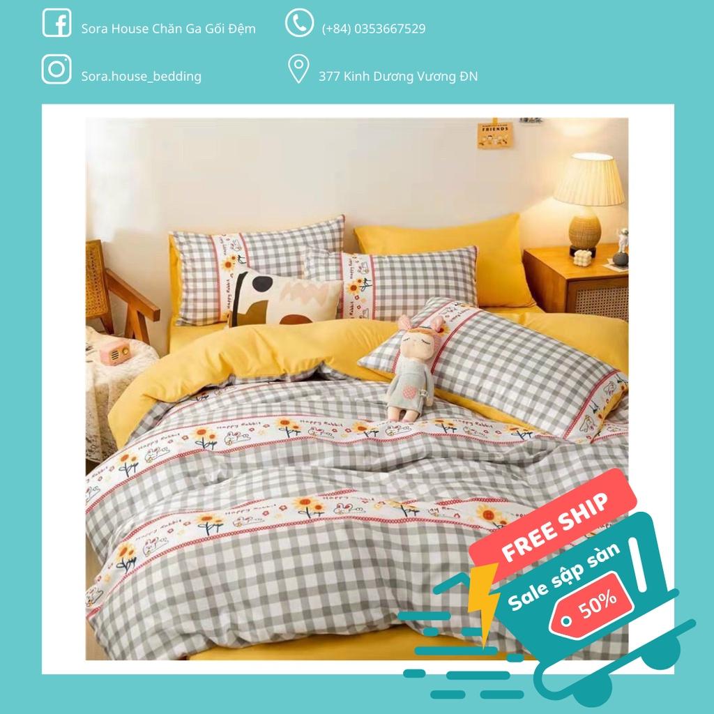 Bộ Chăn Ga Gối Cotton Poly Caro Đen Thổ Cẩm Hoa