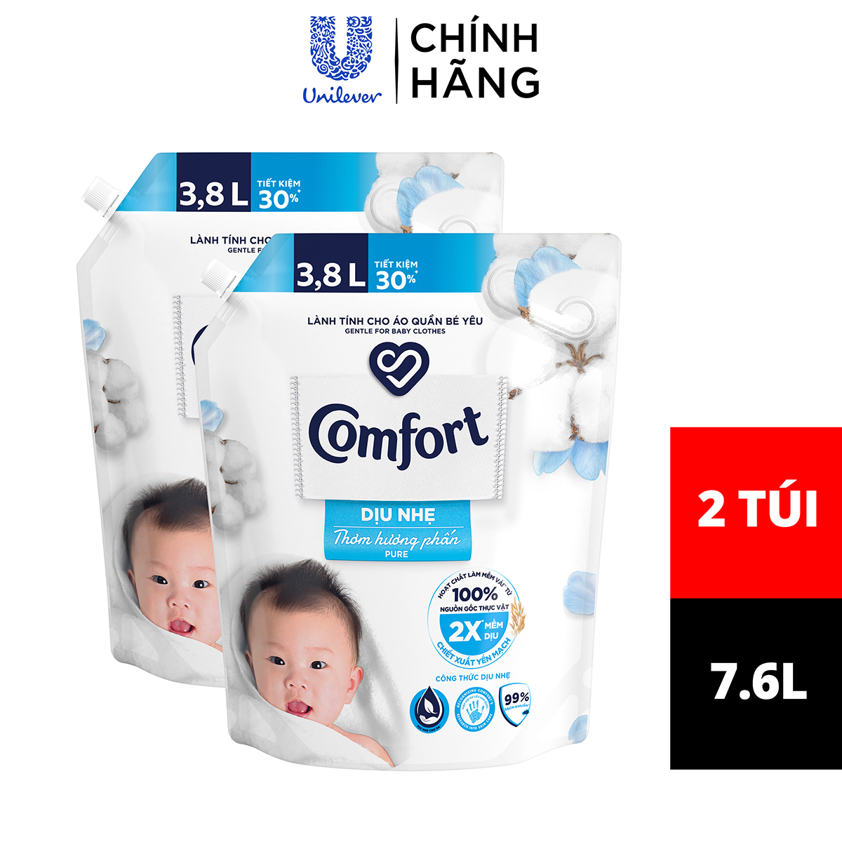 Combo 2 túi nước xả vải em bé Comfort cho da nhạy cảm với công thức riêng dịu nhẹ 100% nguồn gốc thực vật, Túi 3.8L