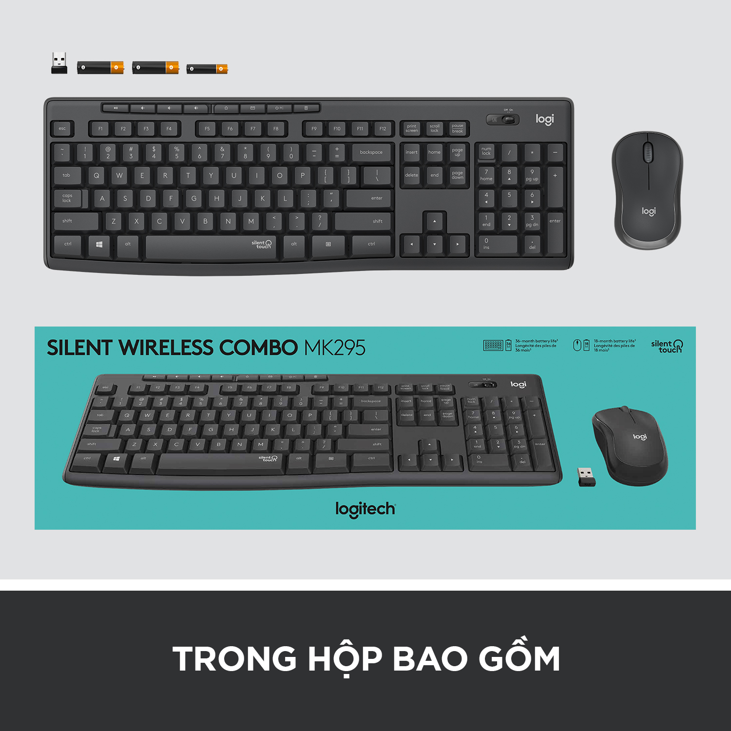 Combo chuột phím không dây Logitech MK295 Silent - Chống ồn 90%, có phím số, mắt đọc cải tiến, bền bỉ, không lag - Hàng chính hãng