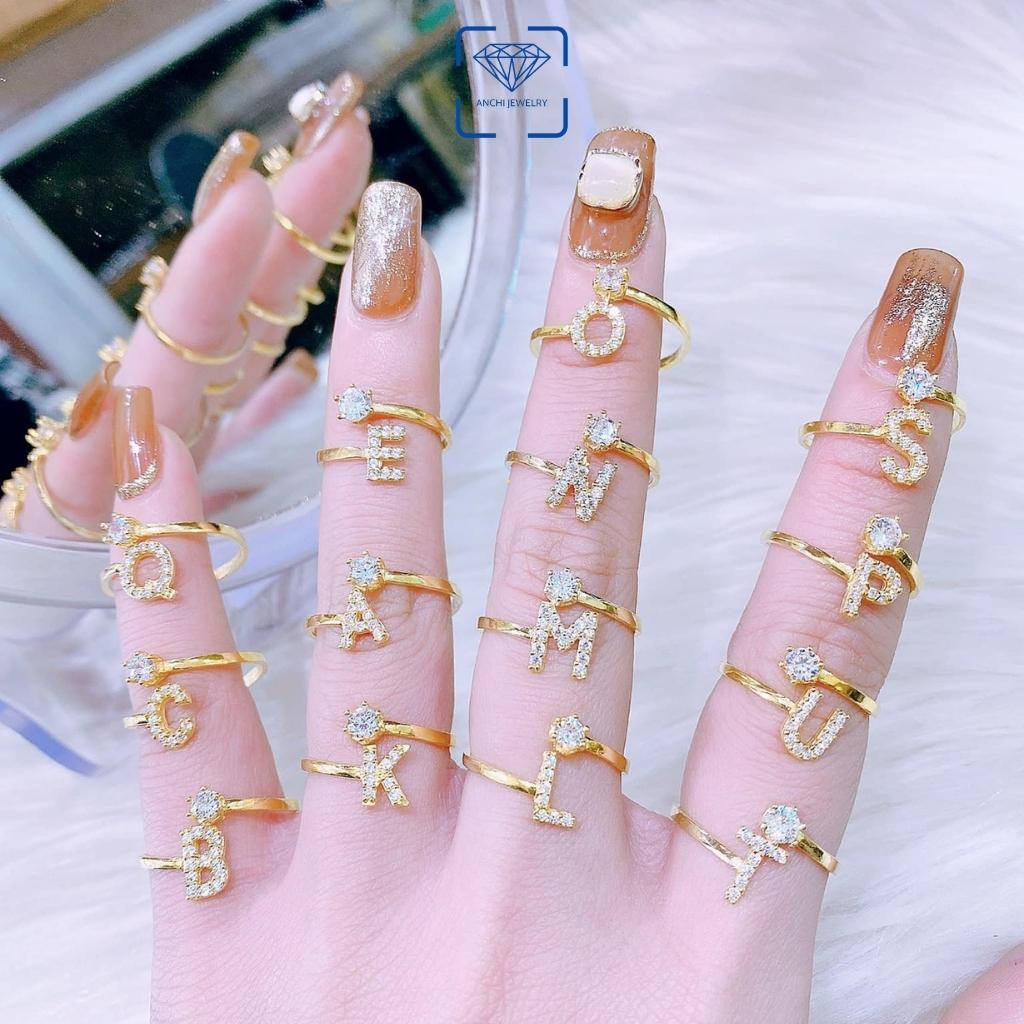 Nhẫn chữ cái bạc đính đá dáng hở cá tính nữ, Anchi jewelry