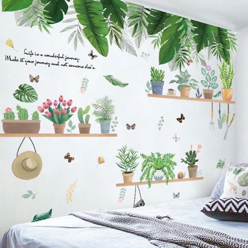 Decal dán tường tán lá xanh và kệ cây