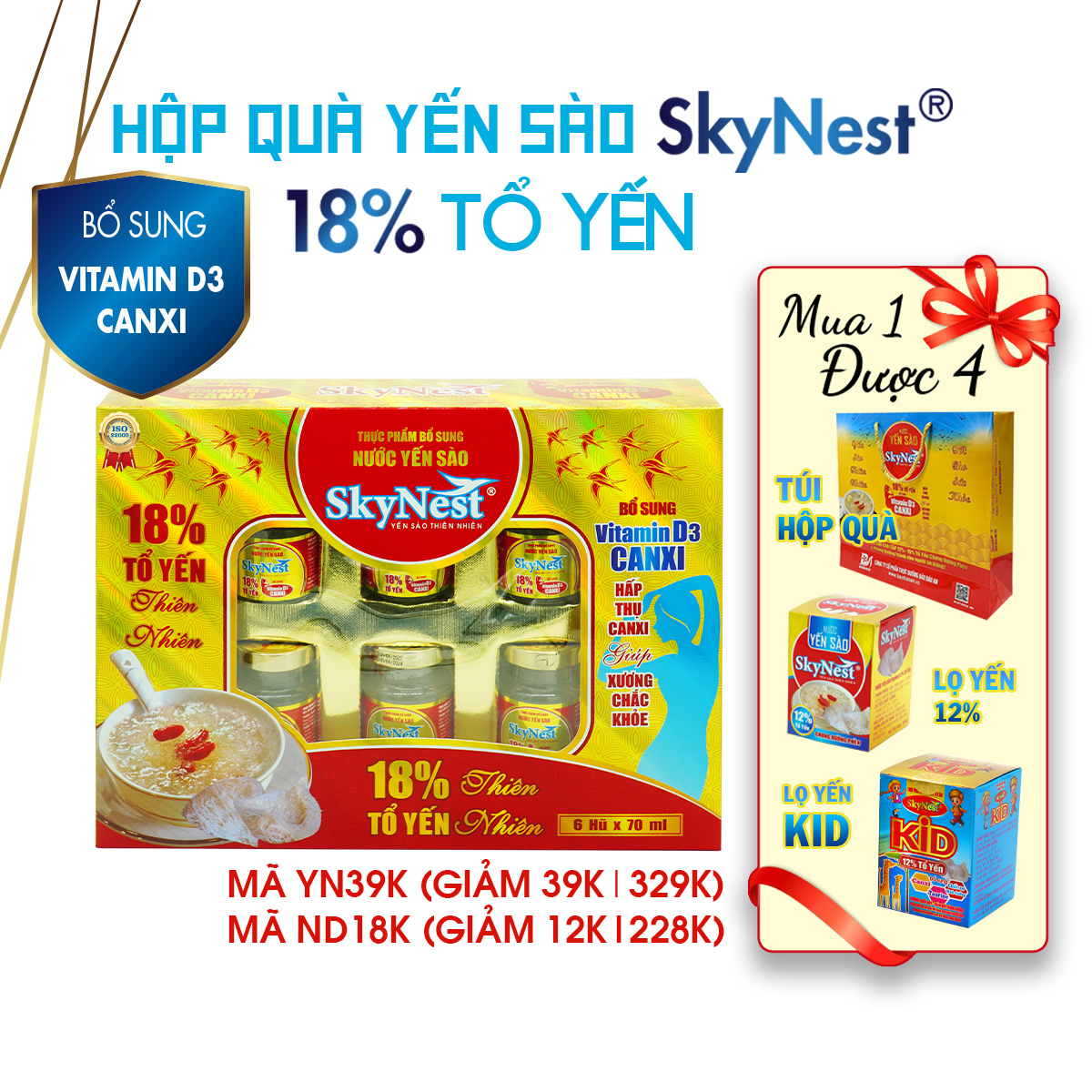 [Tặng kèm túi xách + Hộp quà 6 Lọ x 70ml Nước Yến Sào SkyNest 18% Tổ Yến, bổ sung Vitamin D3, tăng hấp thụ Canxi, giúp xương chắc khỏe