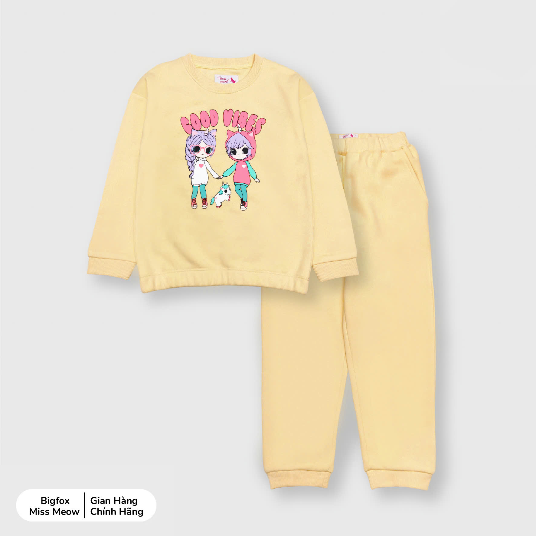 Bộ thu đông bé gái Bigfox Miss Meow size đại, bộ nỉ cho bé vải nỉ bông dày dặn in hai cô gái Good Vibes size 3,4…11 tuổi