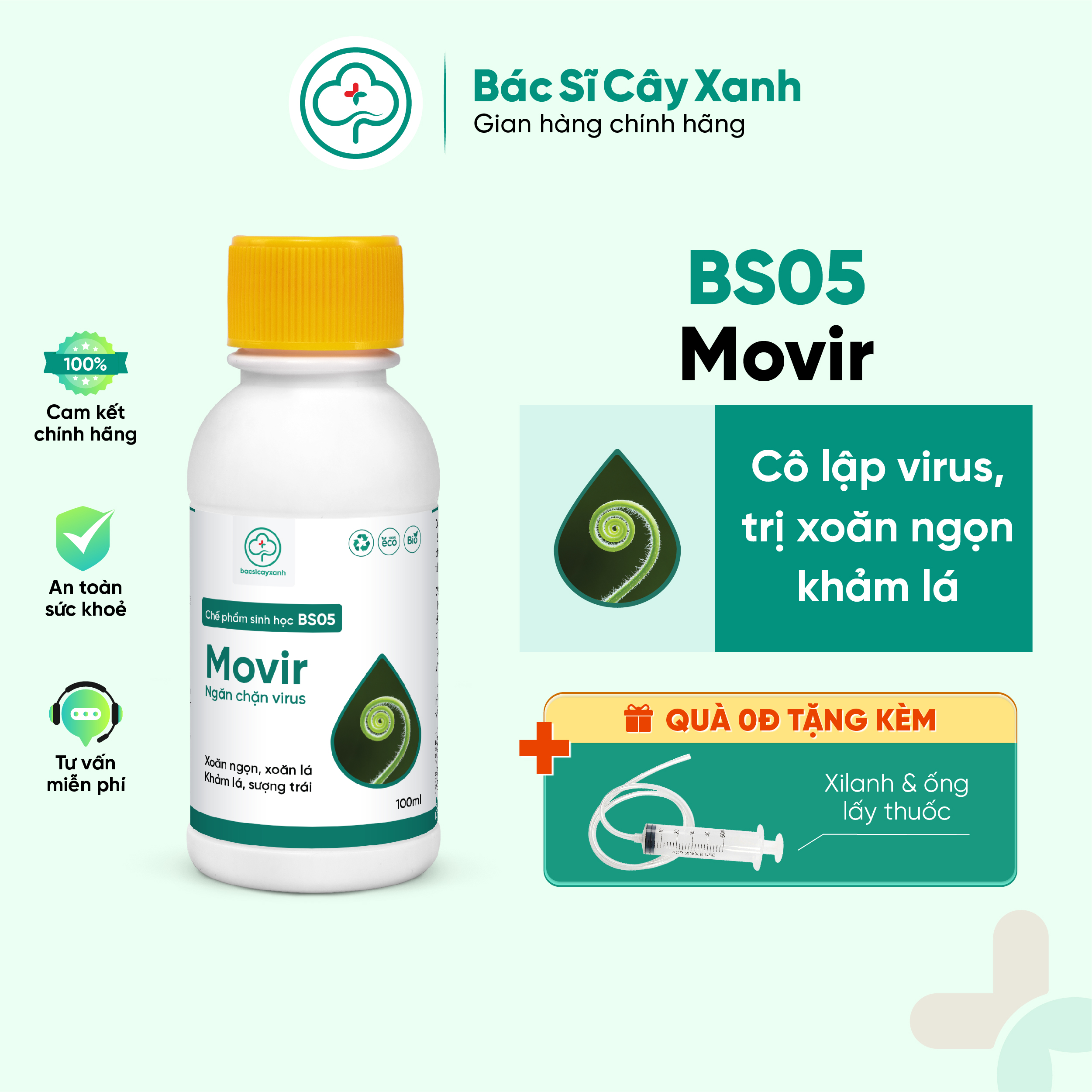 Chế phẩm phòng trị xoăn ngọn, xoăn lá, khảm lá, sượng trái, An toàn sức khoẻ BS05 Movir 100/250ml NSX Bacsicayxanh