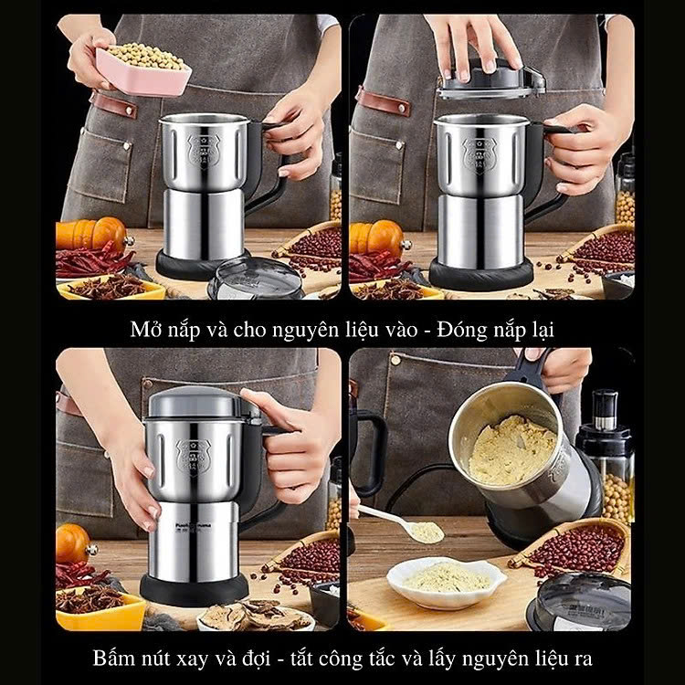 Máy Xay Hạt Khô Tiêu Chuẩn Châu Âu Máy Xay Ngũ Cốc Mini Công Suất 300w Lưỡi Dao 6 Cánh Thân Máy Bằng Thép Không Gỉ - Hàng Loại 1 - Chính Hãng