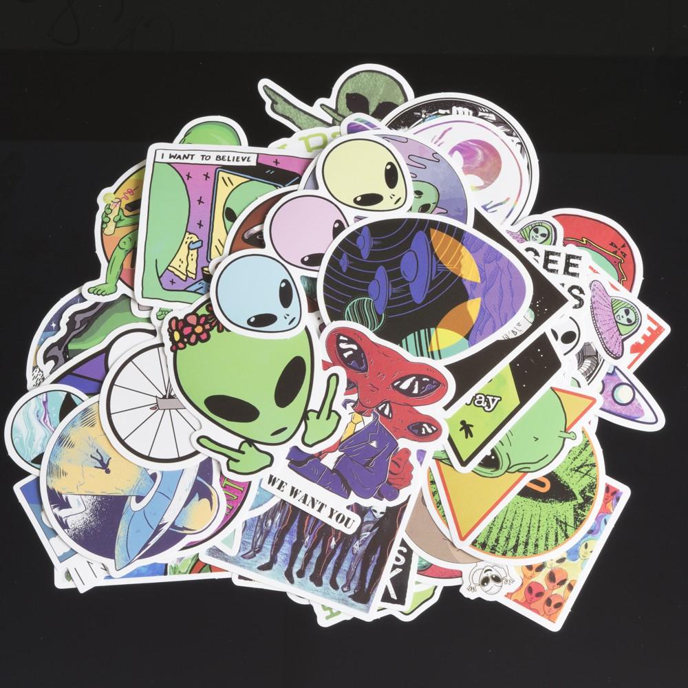 Bộ miếng dán sticker, stickers cao cấp chủ đề Alien, người ngoài hành tinh trang trí Vali Laptop Mũ Bảo Hiểm Đàn Xe Máy