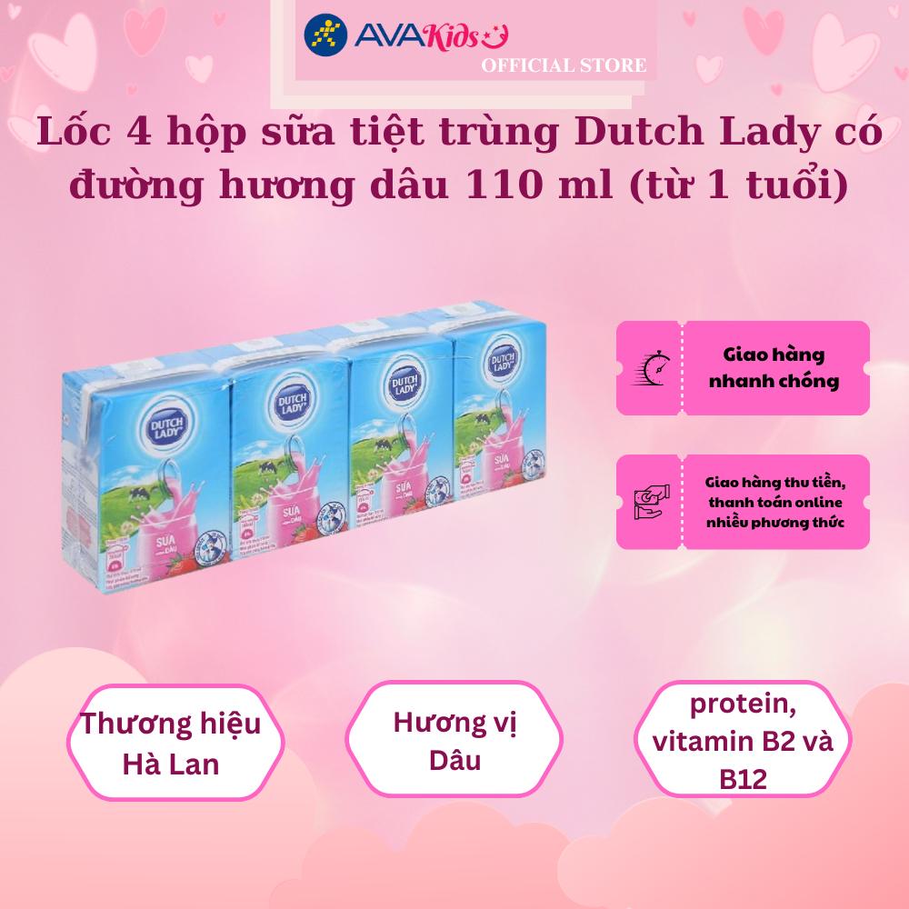 Lốc 4 hộp sữa tiệt trùng Dutch Lady có đường hương dâu 110 ml (từ 1 tuổi)