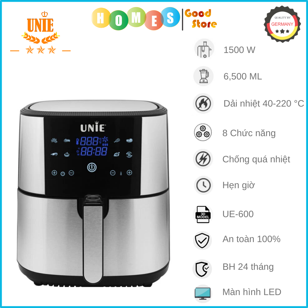 Nồi Chiên Không Dầu UNIE UE-600 Tiêu Chuẩn Đức 8 Chương Trình Nướng Dung Tích 6.5 Lít Công Suất 1500 W - Hàng Chính Hãng