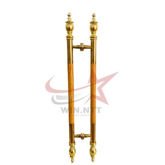 Tay Nắm Cửa Kính Cường Lực, Cửa Nhôm - Tay Vàng Đầu Đèn Thân Gỗ.