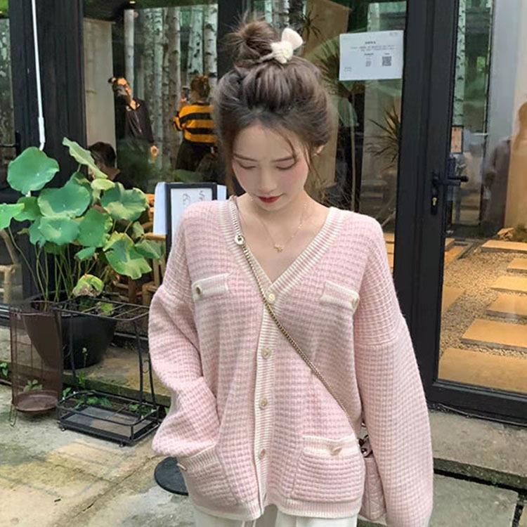 Áo cardigan khoác len nữ dệt kim dài tay basic đen trắng cổ V len nổi thời trang retro C-3