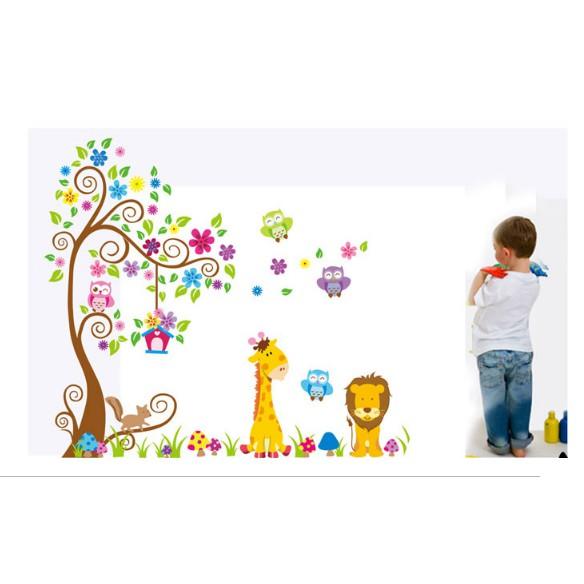 Decal trang trí tường - Cây hoa văn và thú sắc màu 03