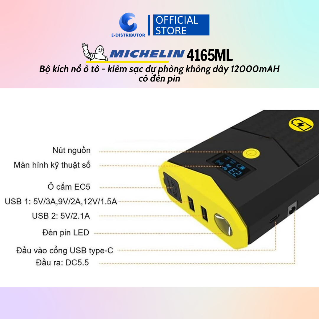 Bộ kích bình ô tô 750A - 1500A chuyên dụng kiêm sạc dự phòng 12000 mAh có đèn pin Michelin 4165ML - Hàng chính hãng