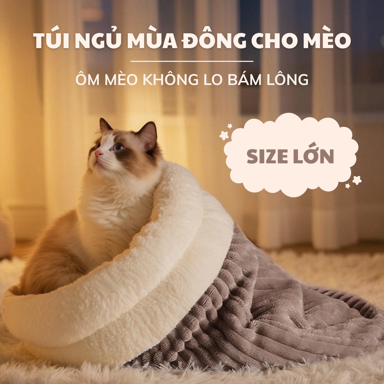 Túi ngủ cho mèo Marshmeollow size lớn 2 lớp ấm áp | Ổ cho mèo vải lông mịn miệng vòm êm ái ôm mèo không lo bám lông
