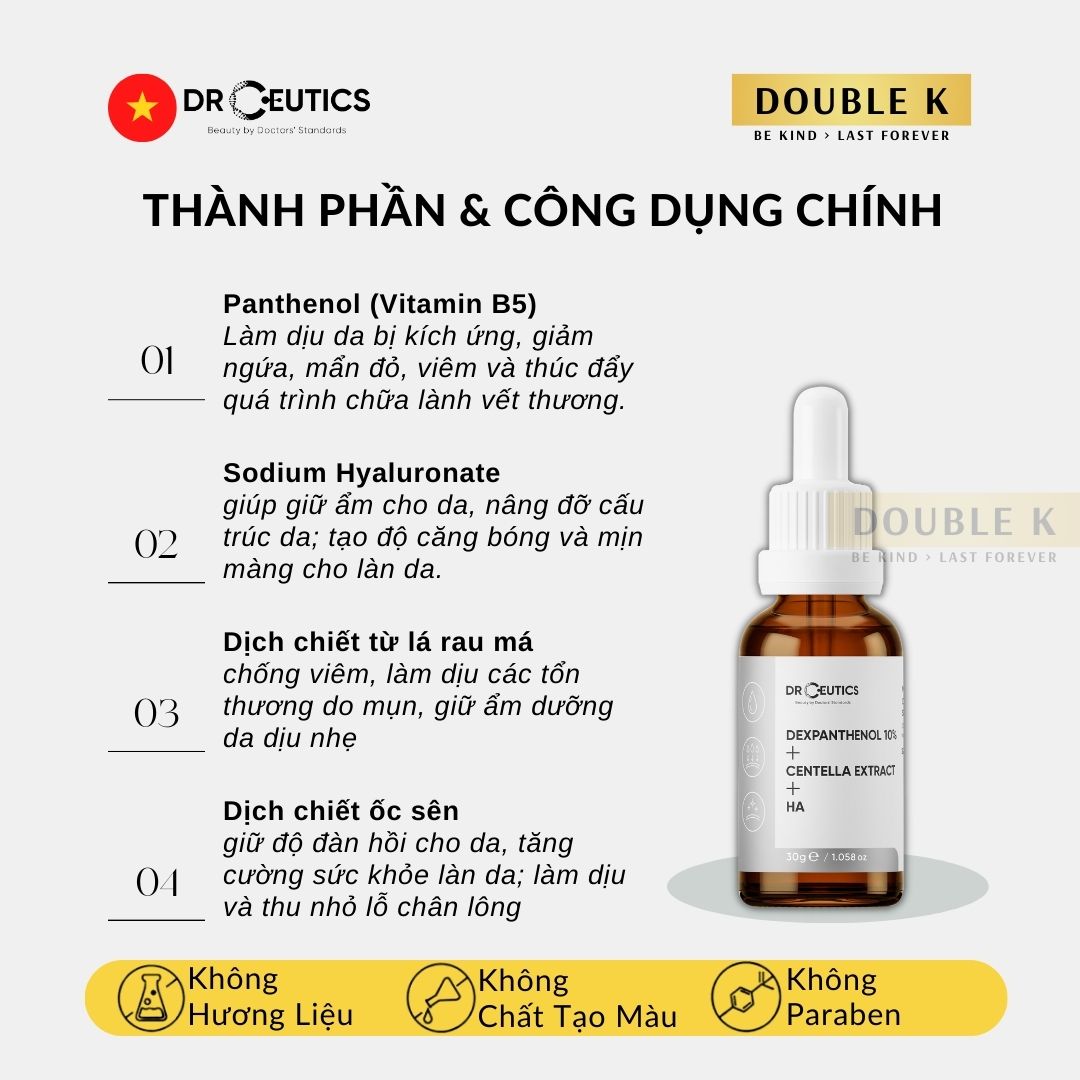 DrCeutics Dexpanthenol 10% + Centella Extract + HA - Serum Dưỡng Ẩm, Phục Hồi Da - Double K