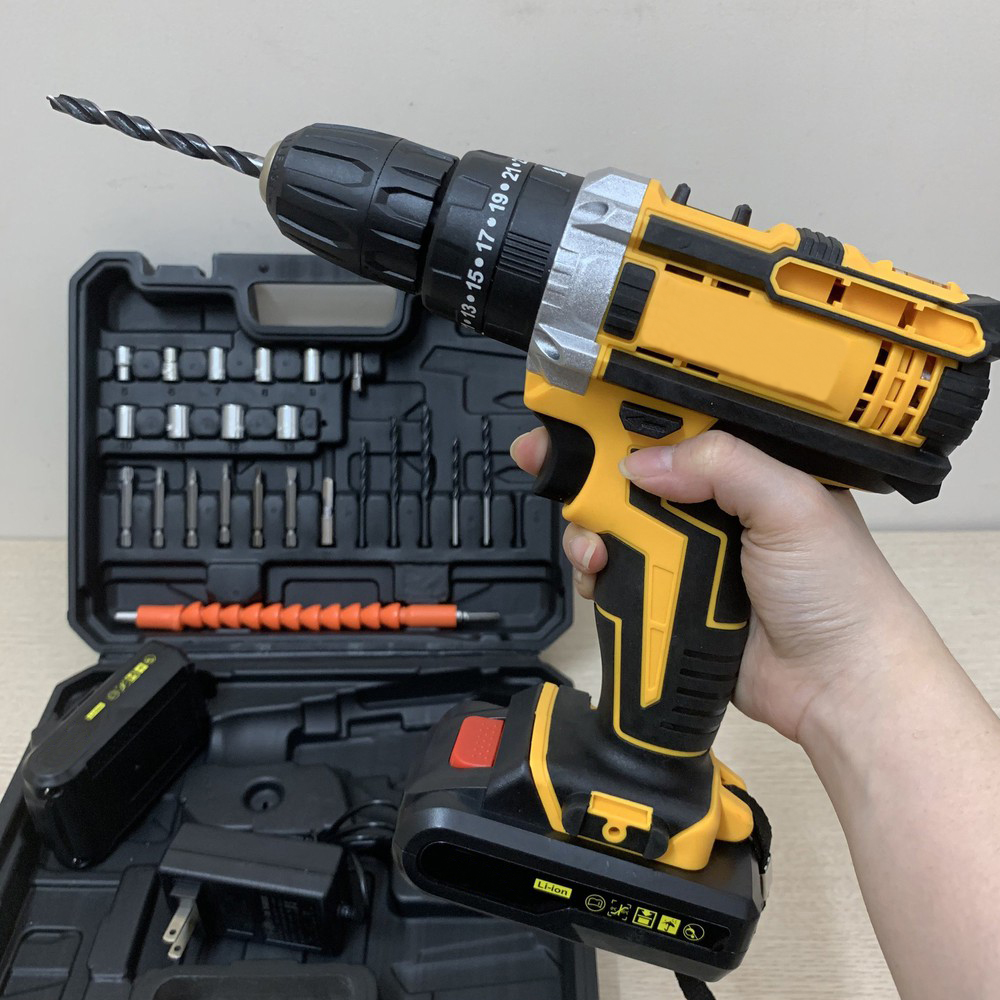 Bộ máy khoan pin 21V 3 chế độ khoan tường khoan búa, khoan sắt, bắt vít máy, máy 2 pin, đảo chiều kèm 13 mũi khoan