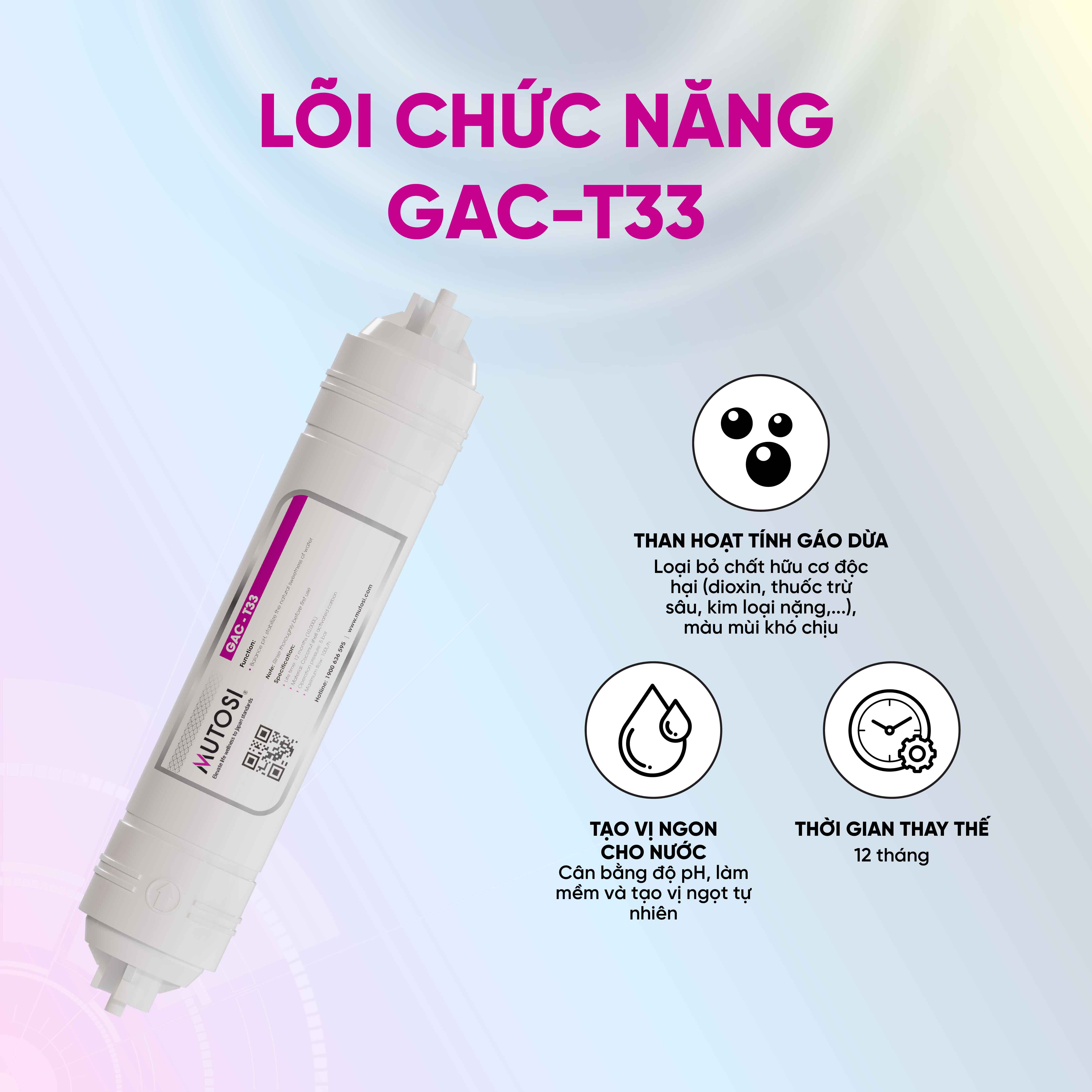 Combo 4 lõi chức năng Mutosi TKNO - Lõi T33/GAC, Khoáng đá, ORP Hydrogen, Nano bạc - Hàng chính hãng Mutosi