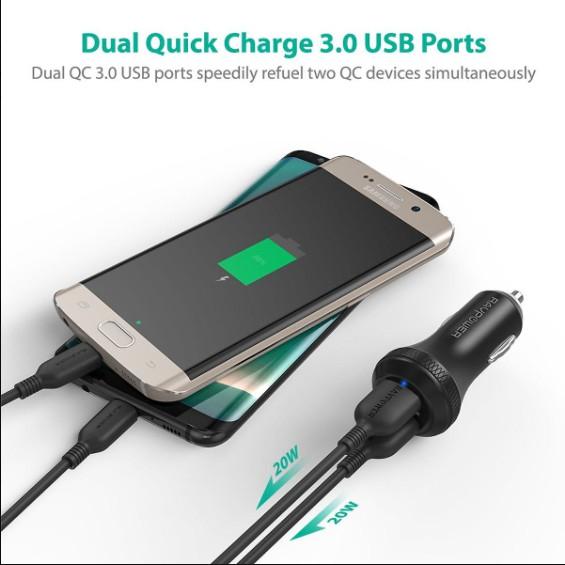 Tẩu sạc ô tô RAVPower 2 cổng 40W hỗ trợ iSmart 2.0 và Quick Charge 3.0 (RP-VC007) - Hàng Chính Hãng