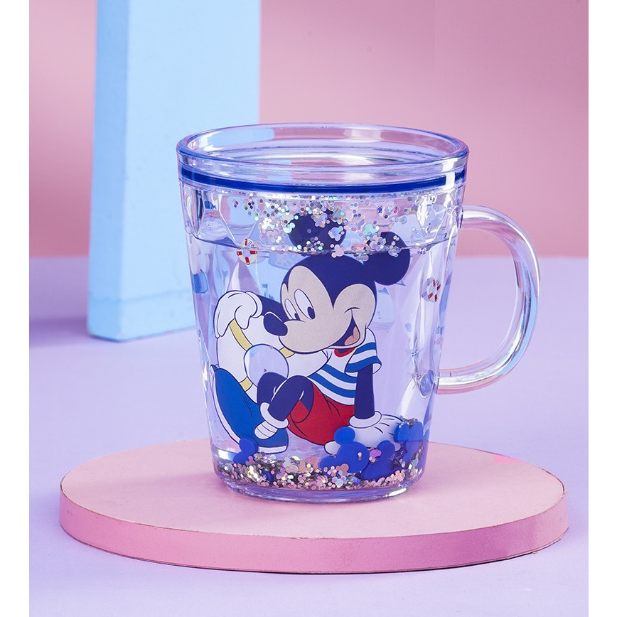 Ly quai cầm tay 2 lớp nhũ nước kim tuyến trong suốt hình chuột Mickey màu xanh siêu cute cho bé trai 260ml - 118VNDM2505