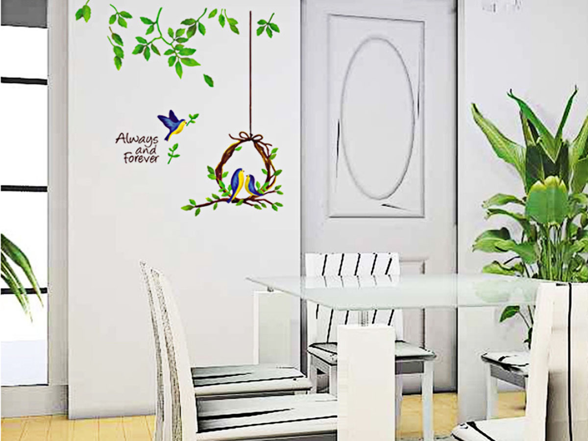 decal dán tường vòng lá chim xanh