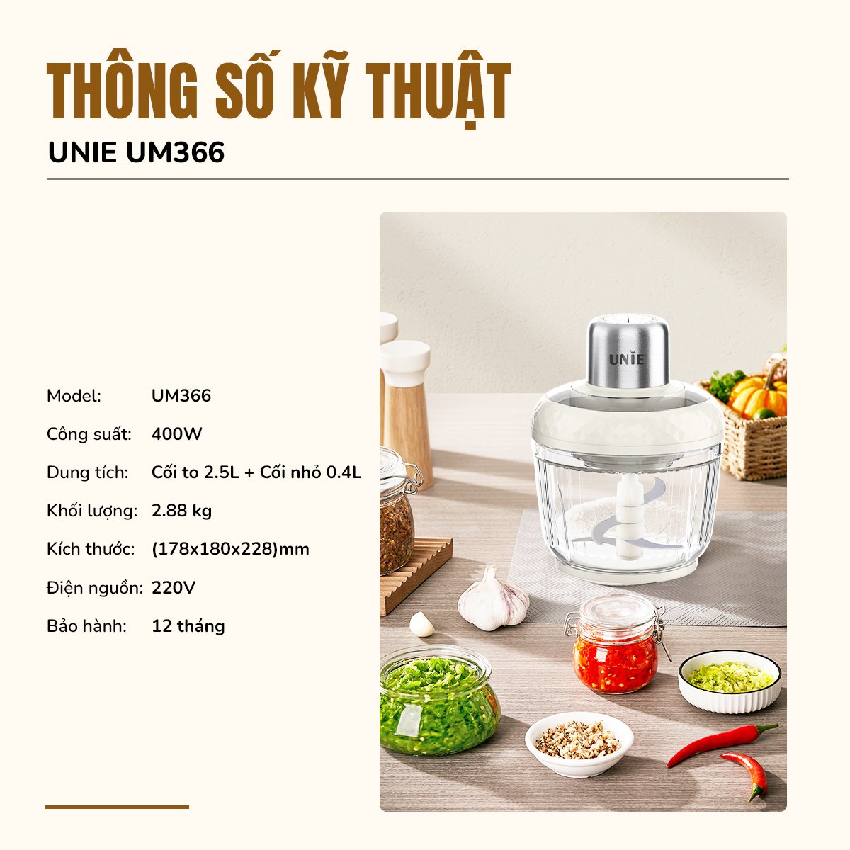 Máy xay thịt UNIE UM366, công suất 400W, 2 cối thủy tinh tiện lợi, động cơ đồng cao cấp;  xay thịt, đánh ruốc, bóc tỏi tiện lợi; hàng chính hãng bảo hành 12 tháng