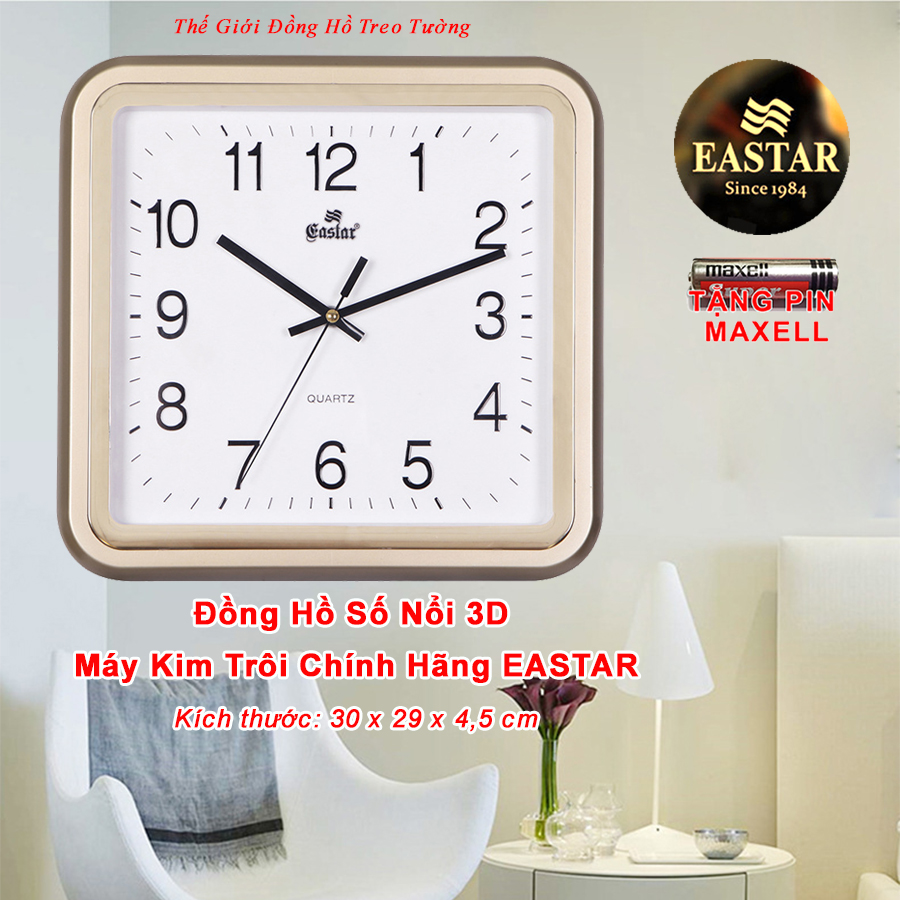 Đồng hồ Treo Tường KIM TRÔI EASTAR CAO CẤP - Mặt Vuông - Viền Kim Tuyến - Số nổi Ánh kim - Bảo Hành 1 Năm - Tặng Pin Maxell