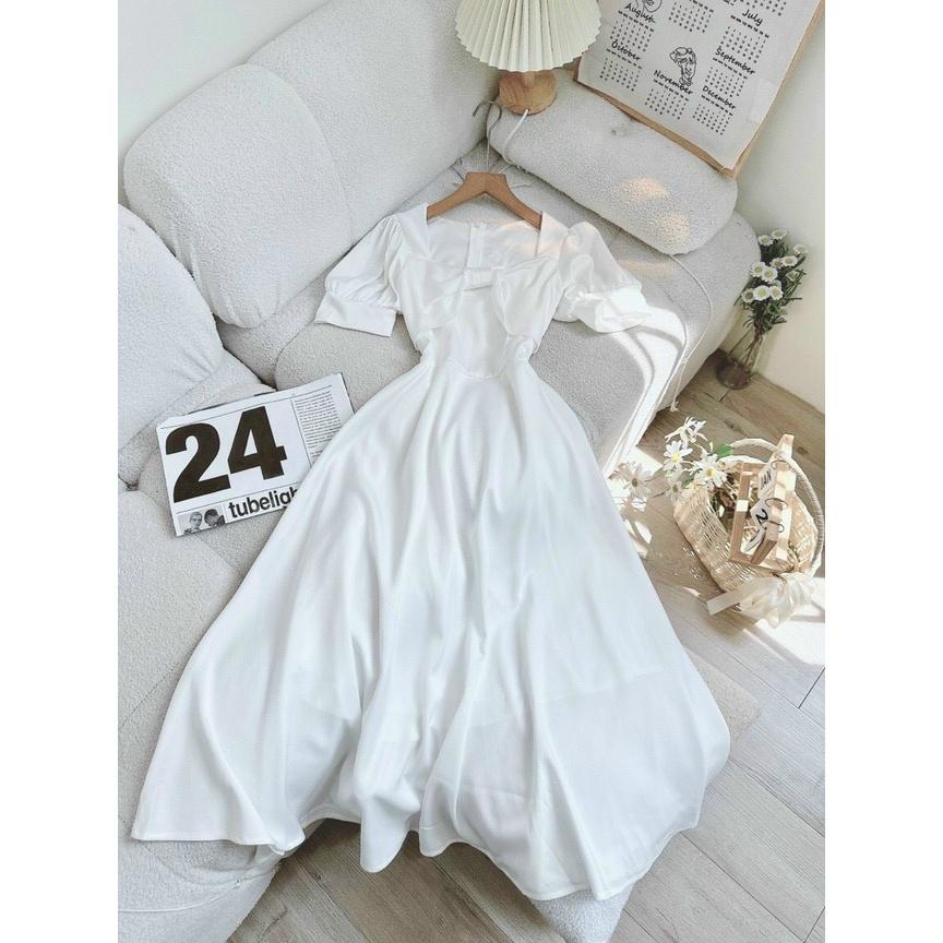 Đầm Dự Tiệc Trắng Chất Lụa Mango Mịn 2 Lớp Full Lót Thiết Kế Tay Ngắn Bồng Cổ Nơ Dáng Dài Maxi UC-1B15-4542