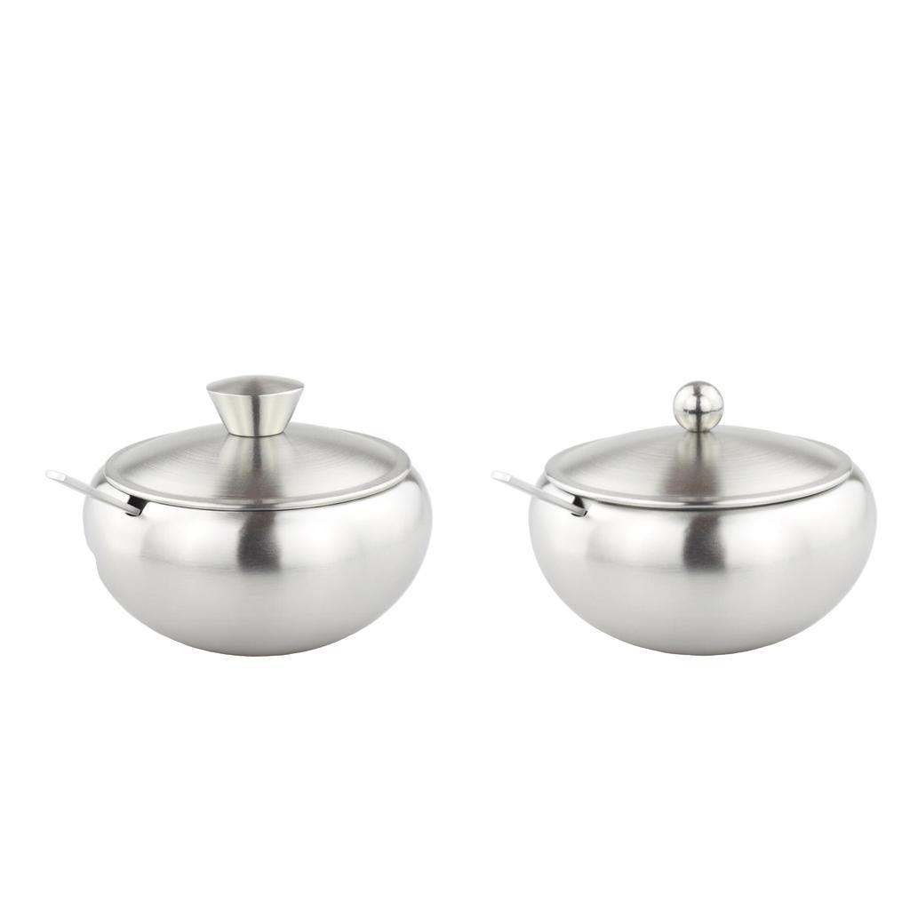 Stainless Steel Condiment Pot with Lid and Spoon Salt Pepper Container Lid A