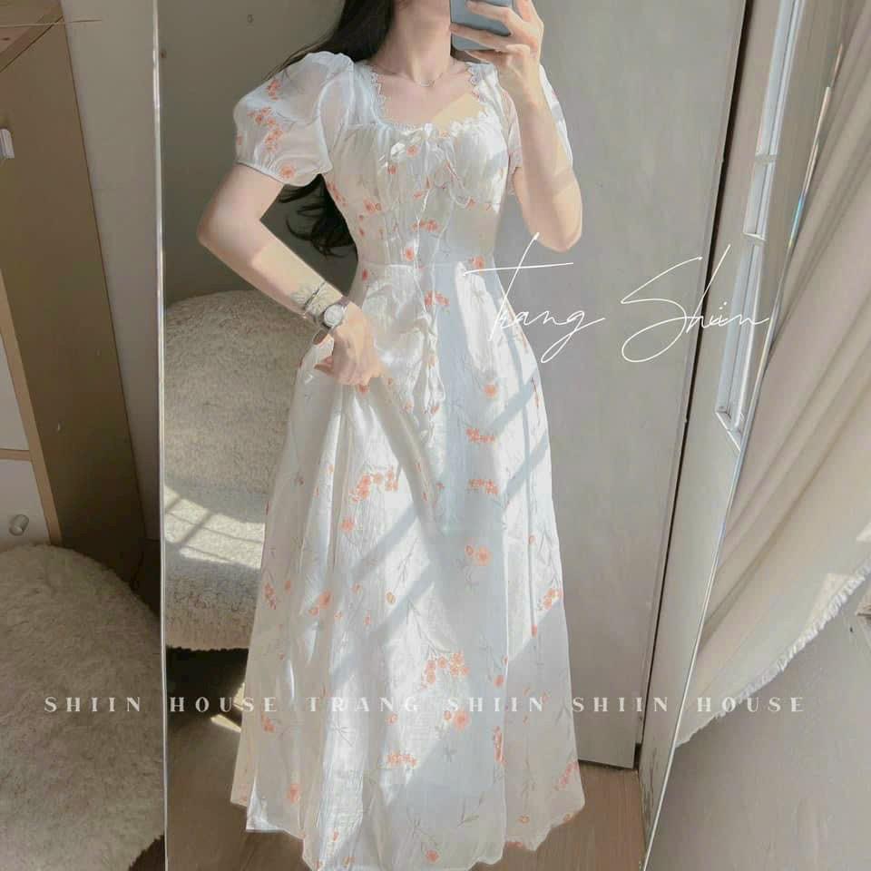 Đầm midi voan hoa phối ren nhún ngực tay phồng siêu xinh