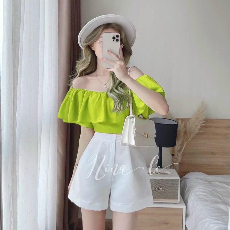 TBL Set áo xanh bơ trễ vai bèo lai kèm quần đùi short trắng tiểu thư mẫu Nina Lê