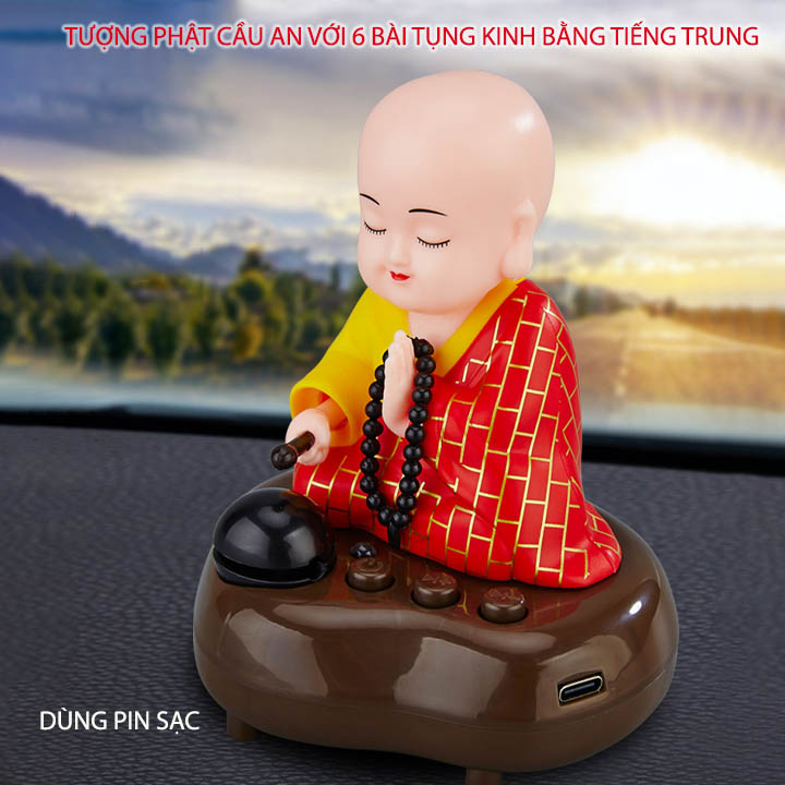 Tượng phật cầu an có loa kiêm phát 6 bài tụng kinh tiếng Trung, để trên xe ô tô, phòng thời tiện dụng