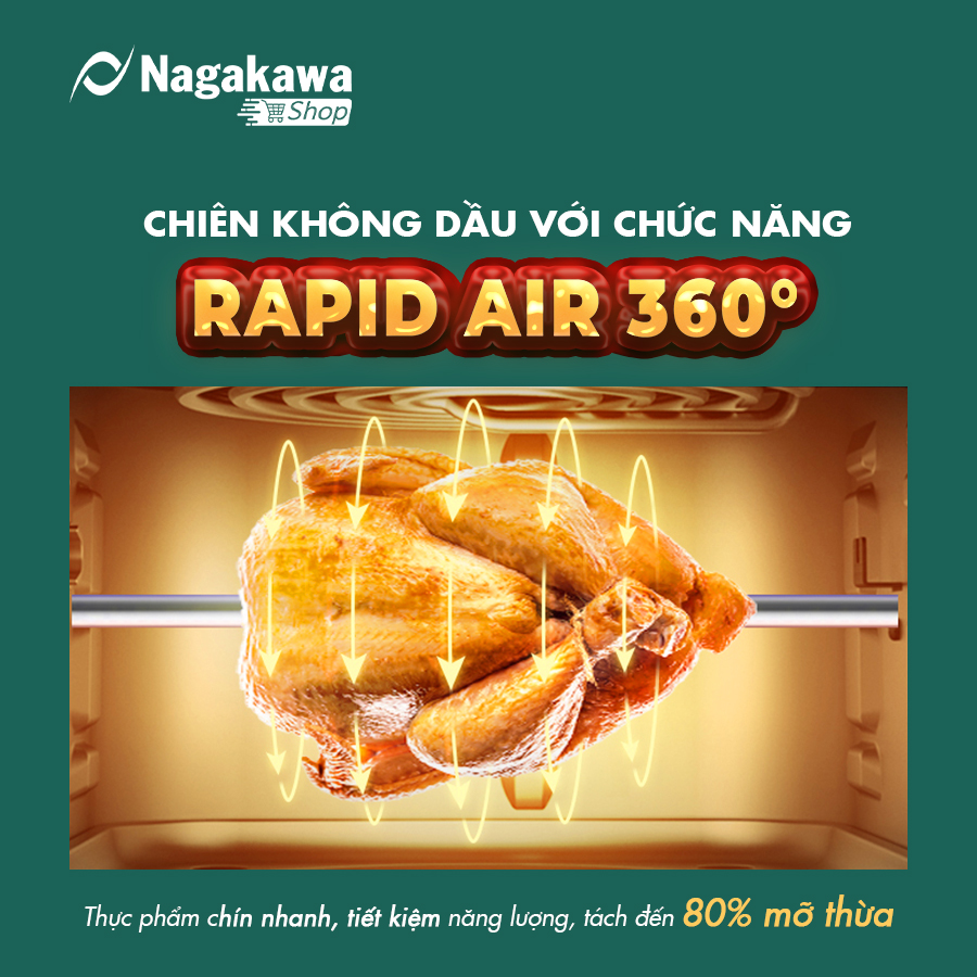 Nồi chiên không dầu Nagakawa NAG3307 (12L) - 12 chương trình nấu - Công nghệ Rapid Air 360 độ - Hàng chính hãng